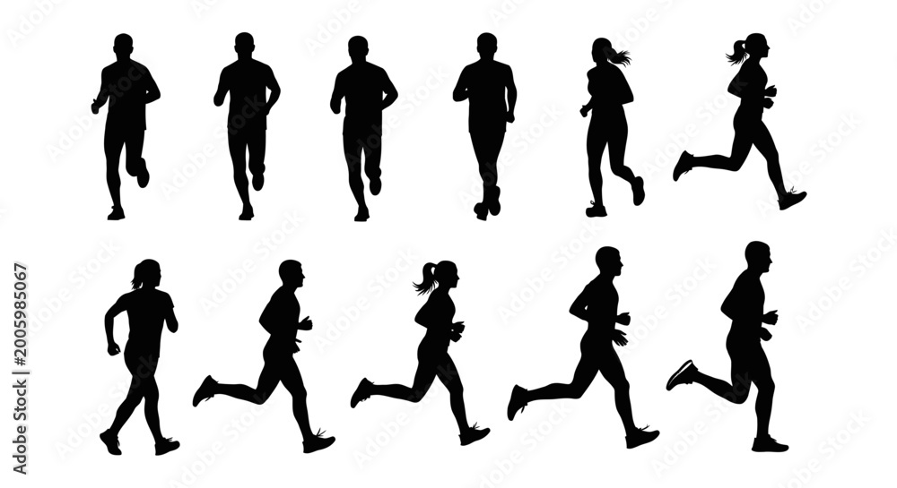 Obraz premium A dynamic collection of black silhouettes showcasing diverse men and women in various running poses, perfect for fitness and sports themes.