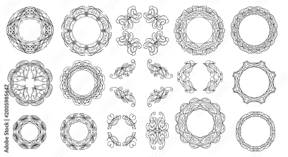 Obraz premium Circular mandala and flourish collection featuring intricate symmetrical designs for ornamental graphic art.