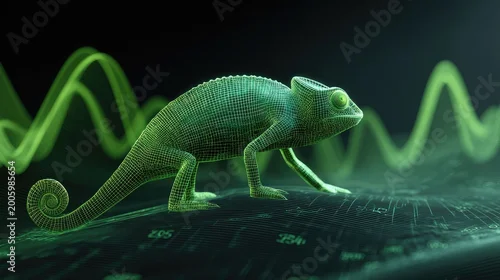Fototapeta na wymiar Wireframe chameleon with glowing green data waves in dark background