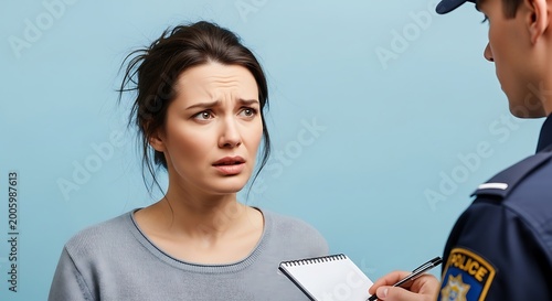 Woman speaks with a police officer during an official investigation.