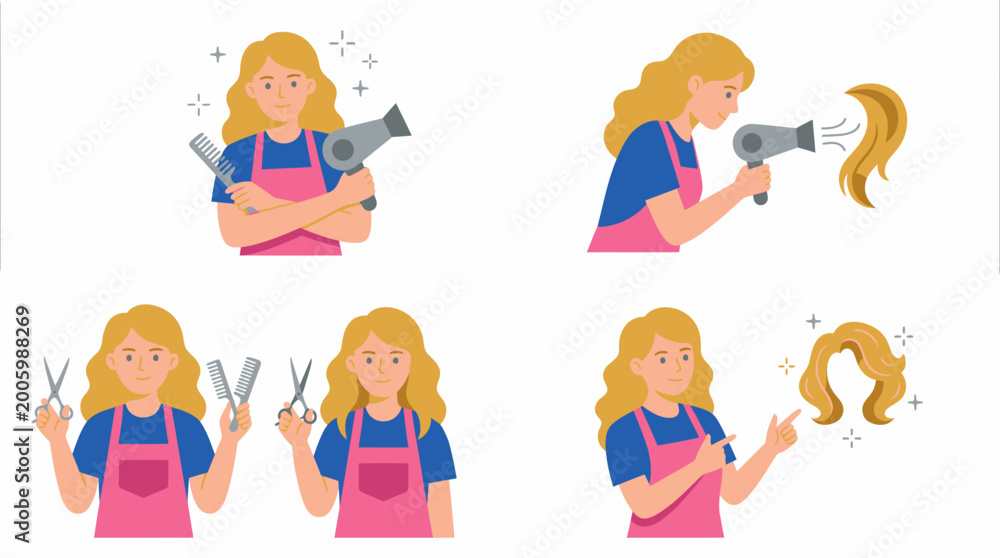 Naklejka premium A series of illustrations depicting a female hairdresser working with various hair tools and styling a wig.