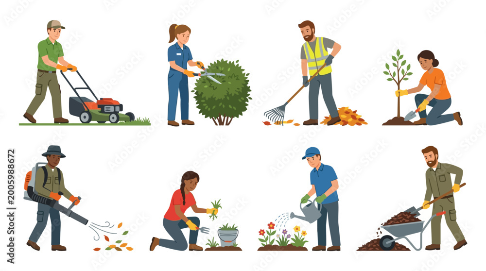 Fototapeta premium A collection of diverse professional gardeners and workers performing various maintenance tasks such as planting, trimming, and lawn mowing