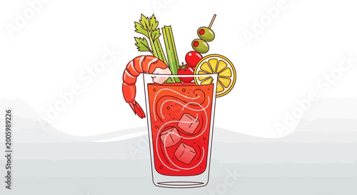 Bloody Mary Cocktail with Shrimp, Celery, Olives, and Lemon Slice