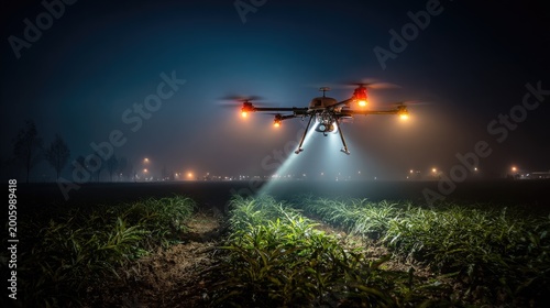 Illuminated drone flies low over a misty field at night