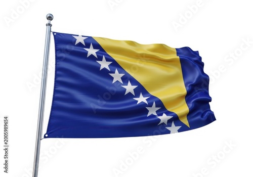 Bosnia and herzegovina flag waving on a flagpole, realistic 3d render of the national flag of bosnia and herzegovina isolated on white background