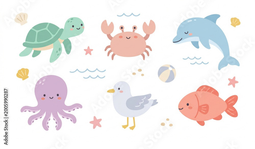 Canvas Print Pastel summer beach animals vector set with cute ocean characters nursery style
