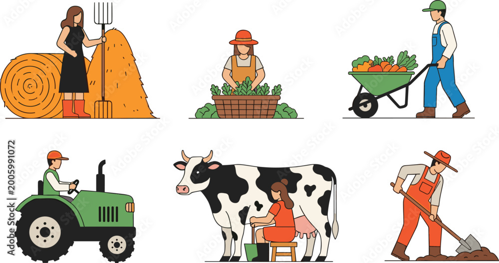 Naklejka premium Farming and Agriculture Icon Set with Harvesting, Tractor, Cow Milking, and Organic Farming for Rural Illustrations, Agriculture Apps, and Farm Designs