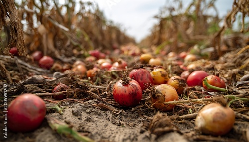 Ground level view of spoiled onions and tomatoes lying on the soil in a field with dried plants and stalks extending into the distance