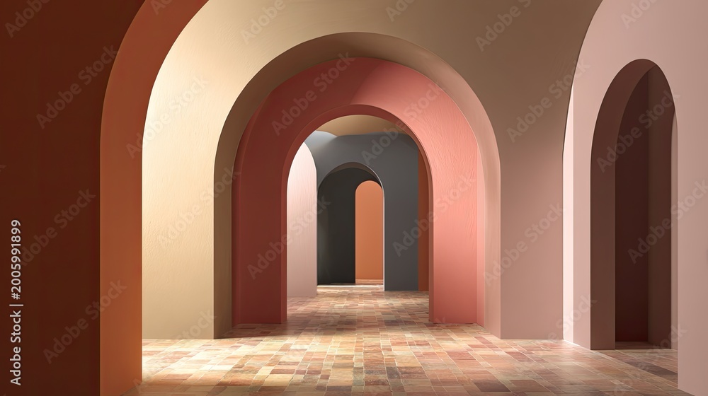 Naklejka premium Pastel archways create a serene, repeating geometric corridor with tiled floor