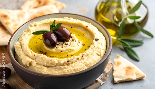 A bowl of creamy hummus with olives and olive oil