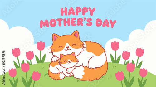Cute mother cat and kitten with tulips Mother's Day vector