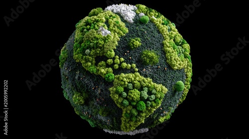 Lush green planet Earth formed of organic textures against black
