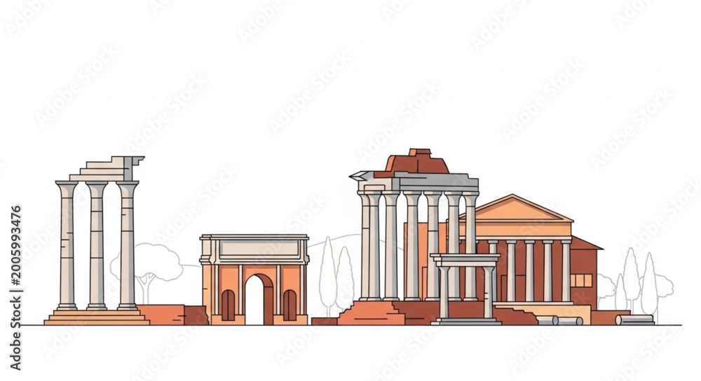 Fototapeta premium Ancient Roman Architecture Buildings and Columns Illustration.