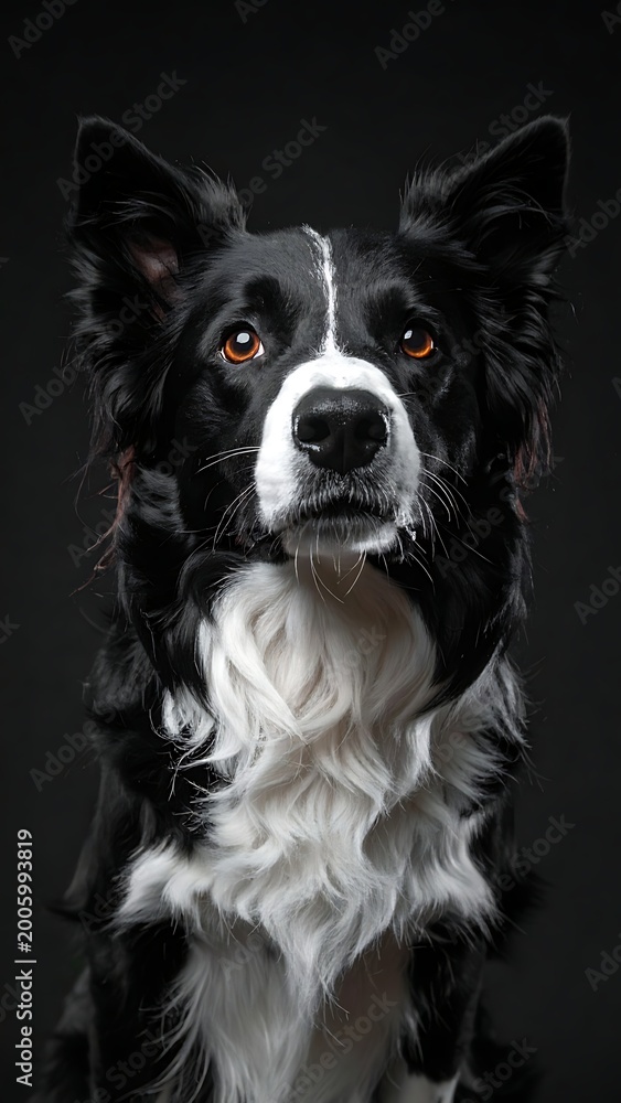 Fototapeta premium A black and white dog with alert ears and a focused gaze