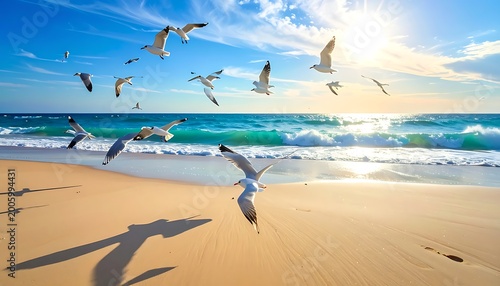 A serene beach scene with seagulls flying over the shoreline (1)