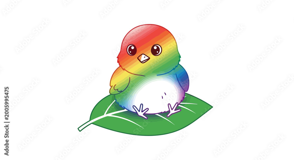Fototapeta premium Cute Rainbow Bird Sitting on Green Leaf, Adorable Cartoon Style, Vibrant Colors