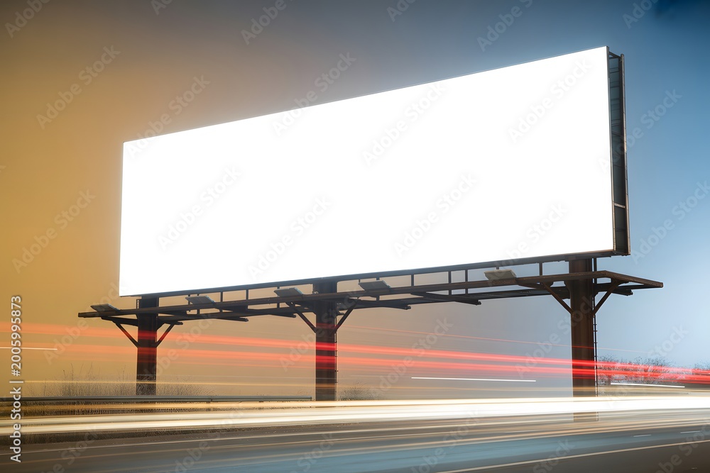 Obraz premium Blank billboard on a highway at night with light trails