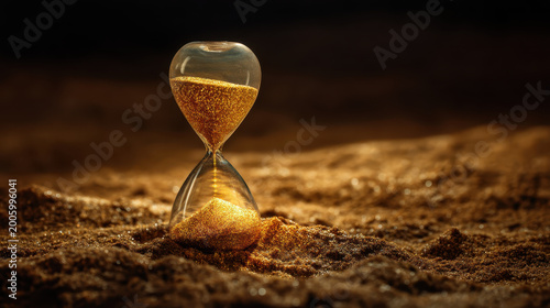 Golden sand hourglass time countdown deadline urgency hope future concept sand dune hourglass with golden sand desert ground symbolizing time countdown urgency and fragile hope for future decision