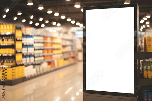 Blank digital advertising screen in a modern supermarket aisle