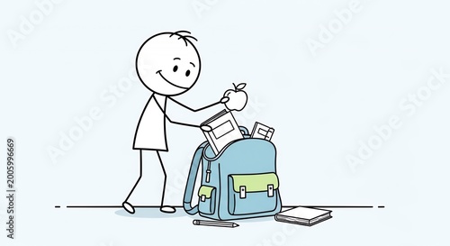 Happy Stickman Packing School Supplies into Blue Backpack Cartoon
