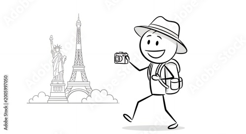 Happy Stickman Traveler with Backpack Taking Photo near Landmarks in White Background