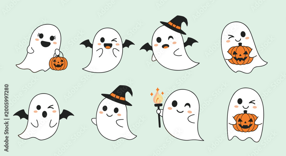 Obraz premium Set of cute cartoon ghosts in various poses are shown with pumpkins, bats, witch hats, and torches for a festive Halloween theme.