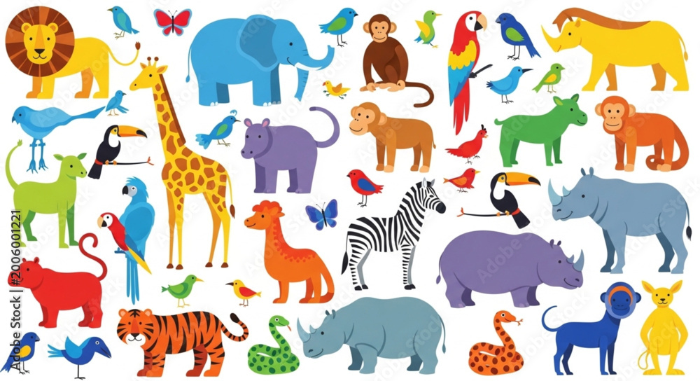 Fototapeta premium Collection of Diverse Cartoon Animals in Various Poses.