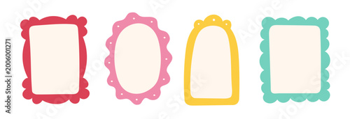 Frame border hand drawn cute set. Cute doodle frame border square, rectangle line photo picture shapes. Cartoon children kids bow scallop lace stamp retro vintage card. Vector illustration