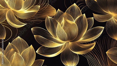 Elegant golden floral texture pattern on deep black background, luxury ornamental design for wallpaper and decor, rich contrast and artistic detail
