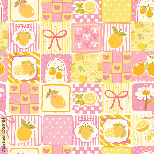 Lemon Patchwork Seamless Pattern, Cute Pink Yellow Citrus Tiles with Bows Hearts and Stripes, Kawaii Summer Fruit Background Digital Paper