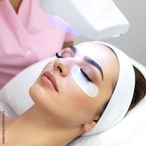 A woman receiving facial treatment with a device