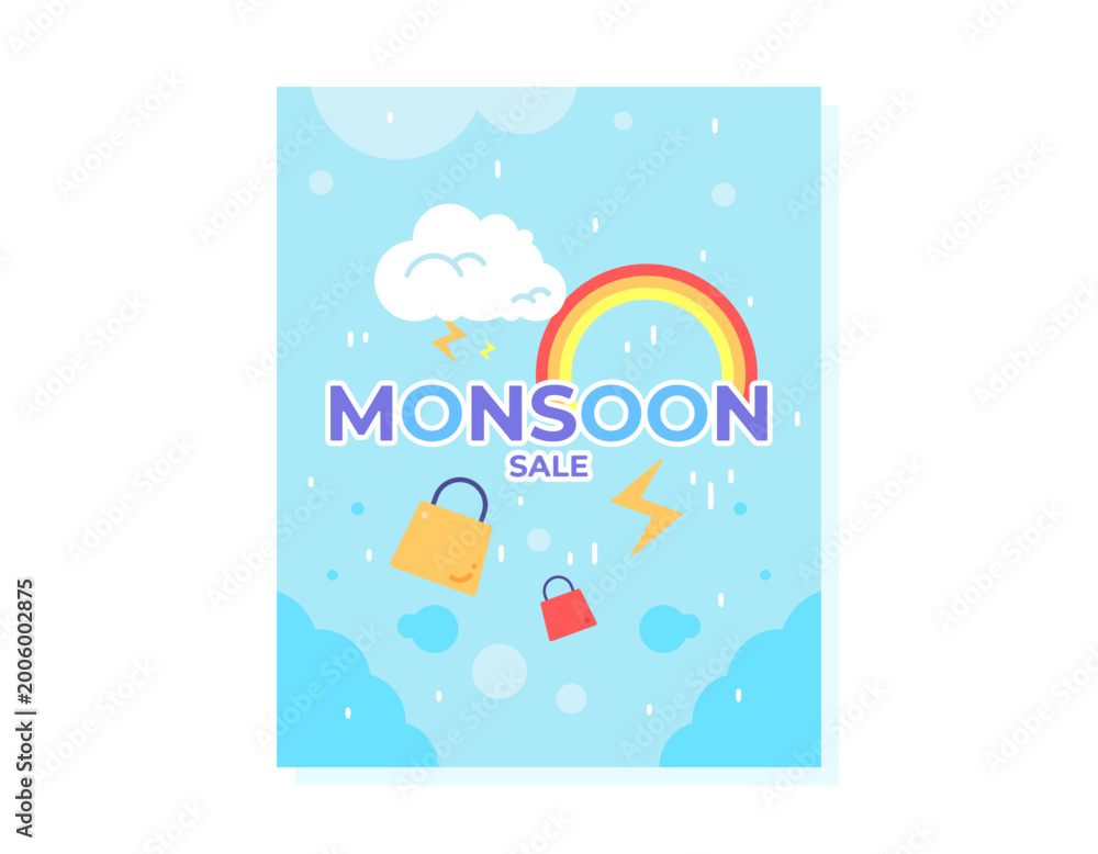 Fototapeta premium Monsoon sale concept. Illustration of a promotional poster or banner for a Monsoon Sale event. Social media posts. Special shopping offers. Decorative elements, shopping items, blue background.
