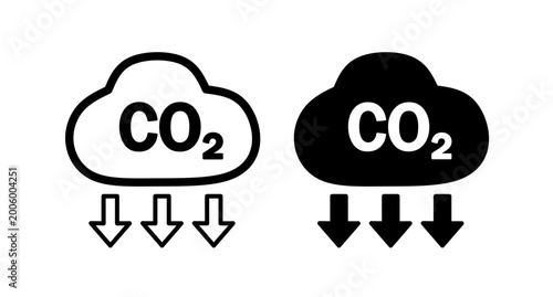CO2 cloud emission icons with downward arrows in outline and solid styles environmental symbol set