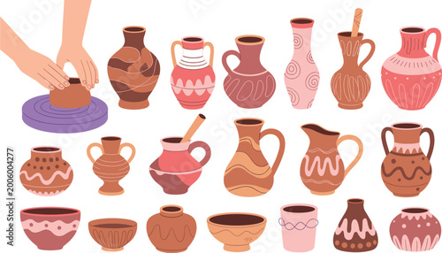 Schilderij op canvas Handmade pottery vector collection, ceramic vases bowls mugs with artisan patter