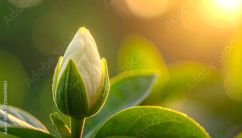 A white flower bud with green leaves and a blurred background