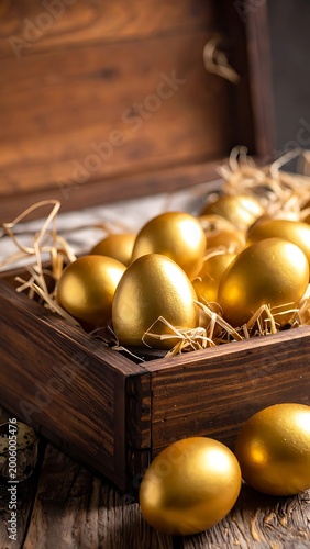 A wooden box filled with golden eggs on straw