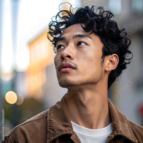 A young man with curly hair looks up thoughtfully outdoors