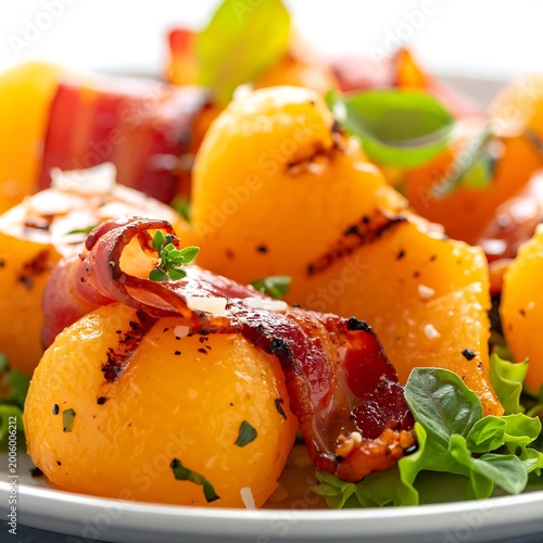 Grilled peaches wrapped in crispy bacon on a bed of lettuce