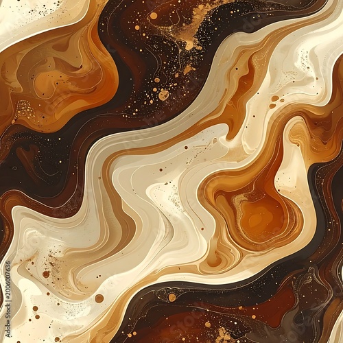 An abstract, marbled composition featuring swirling patterns in shades of brown and beige, with a few gold speckles