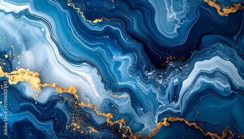 An abstract, marbled composition, rendered in shades of cerulean and sapphire blue with veins of glimmering, gilded accents