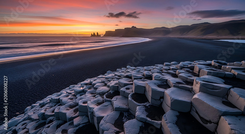 Coastal sunrise illuminates unique basalt formations