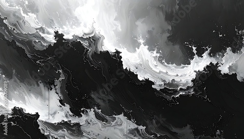 An abstract, monochrome artwork depicting swirling, cloud-like forms blending light and shadow. The composition is dynamic and ethereal