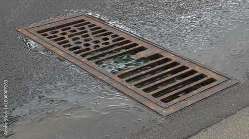 Industrial Metal Drainage Grate with Flowing Water on Street Surface