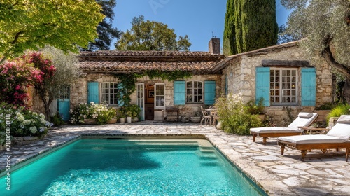 Stone villa with pool and sun loungers in lush garden