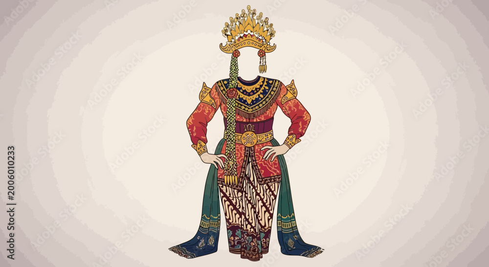 Obraz premium Traditional Balinese Dancer Costume with Ornate Headdress and Batik Fabric