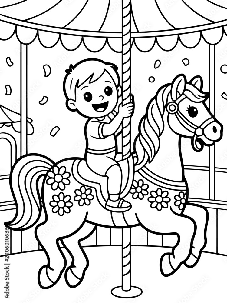 Fototapeta premium Joyful Carousel Ride: A smiling child sits atop a carousel horse, embodying the delight of a childhood moment, as the whimsical merry-go-round spins with glee.