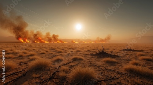 Burning Savanna Landscape at Sunset with Smoke Plumes and Scorched Earth