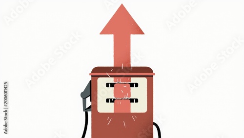 Cartoon gas pump with rising red arrow showing fuel price increase concept with copy space