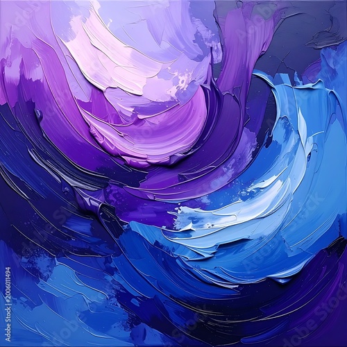 An abstract painting showcases a dynamic interplay of thick, textured brushstrokes in shades of blues and purples, creating a sense of movement