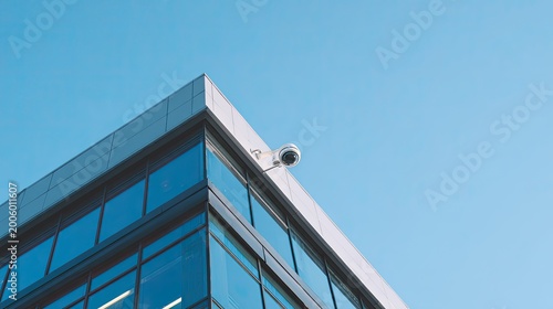 Modern building corner with security camera against clear blue sky